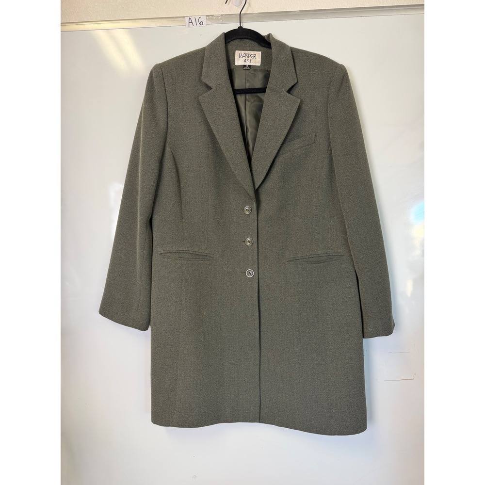 Kasper ASL Olive Green Longline Blazer Vintage Size 14 Textured Professional